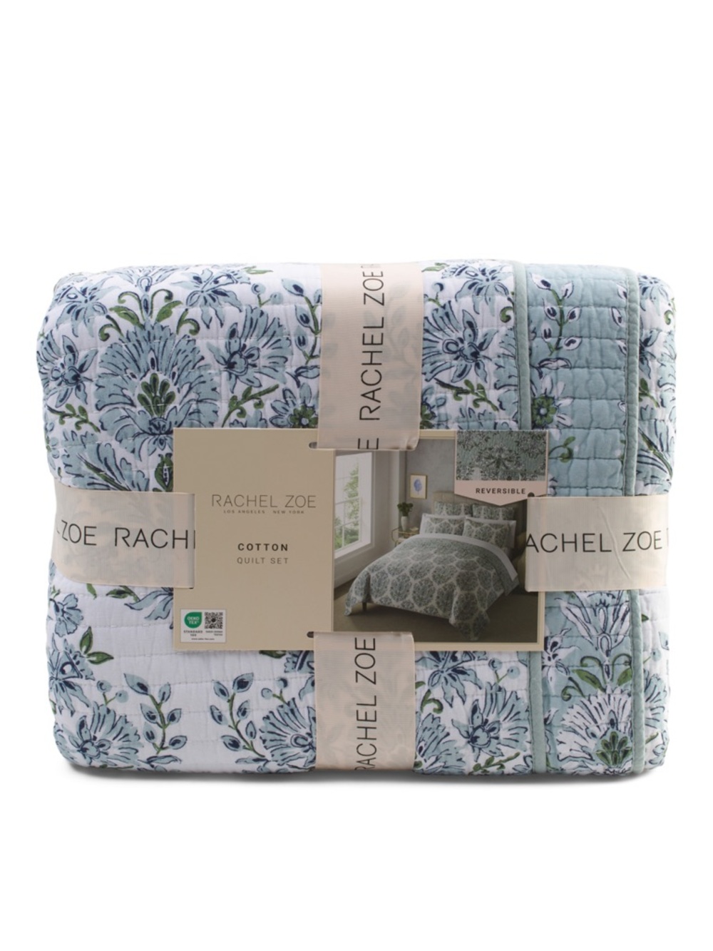 Rachel Zoe Blue and Green Floral Cotton Quilt Set